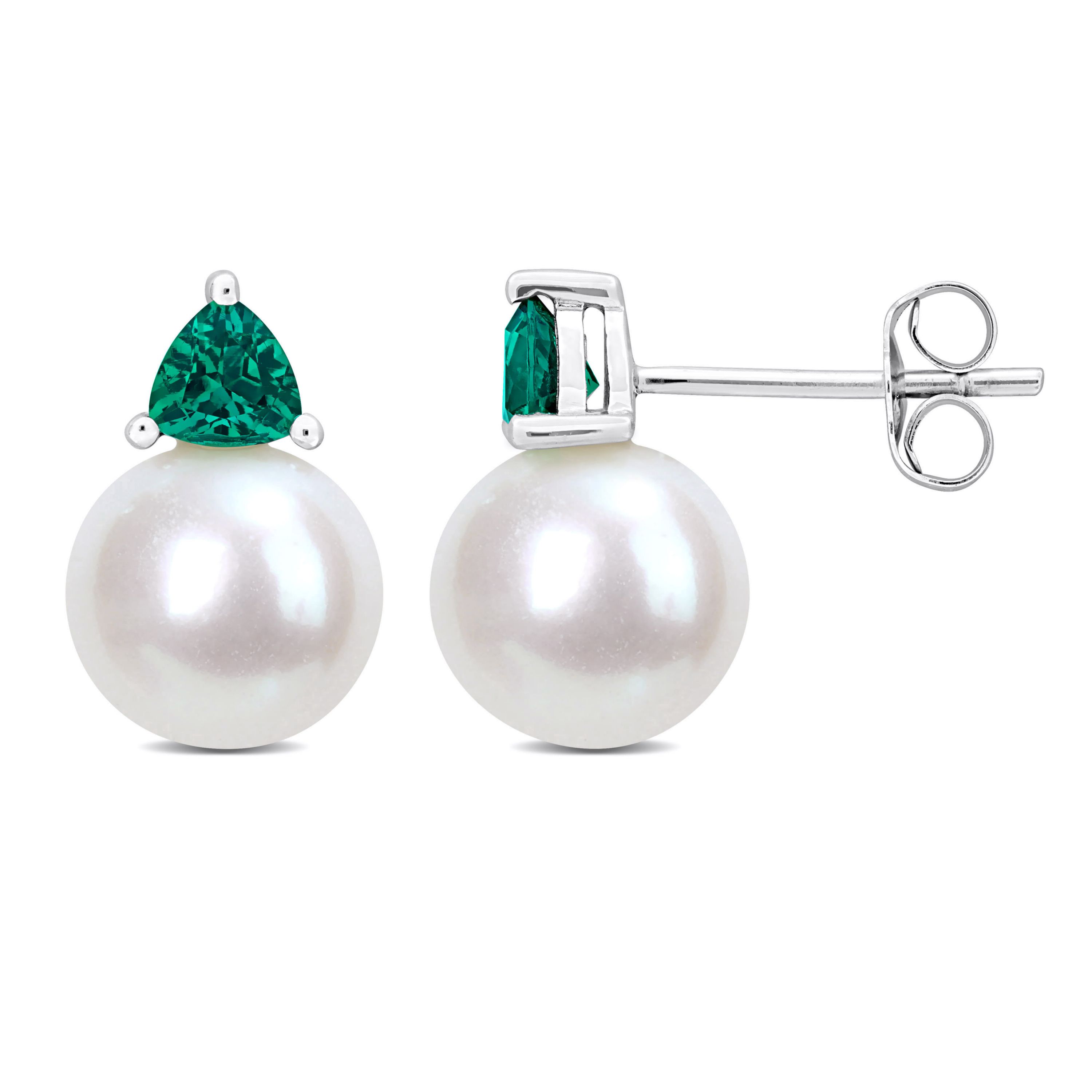 Lab Created Freshwater Cultured Pearl and Created Emerald Stud Earrings in 10K White Gold
