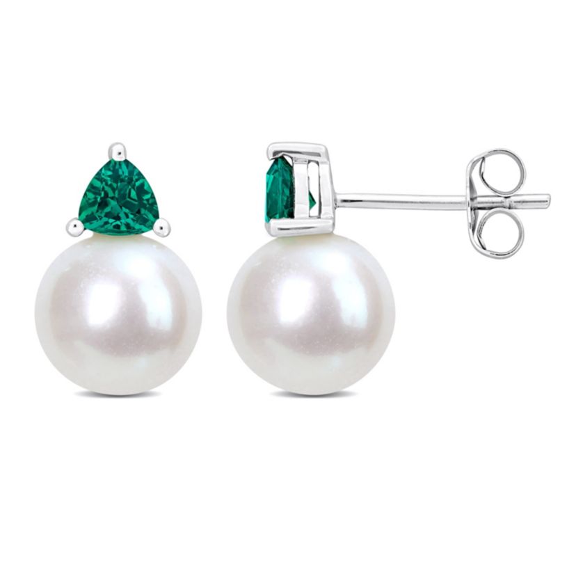 Lab Created Freshwater Cultured Pearl and Created Emerald Stud Earrings in 10K White Gold