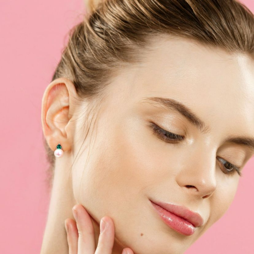 Lab Created Freshwater Cultured Pearl and Created Emerald Stud Earrings in 10K White Gold