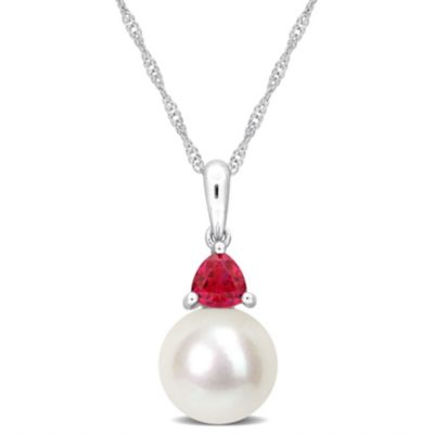 Belk & Co Lab Created Freshwater Cultured Pearl and Ruby Pendant with Chain in 10K White Gold