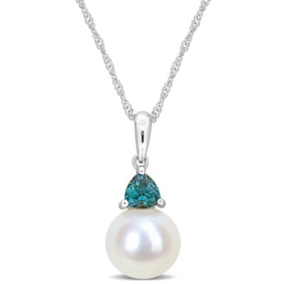 Belk & Co Lab Created Freshwater Cultured Pearl and Alexandrite Drop Pendant with Chain in 10K White Gold