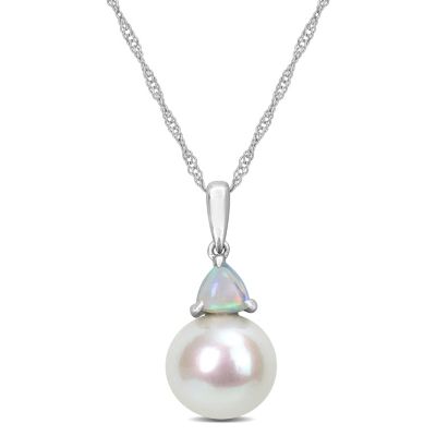 Belk & Co Freshwater Cultured Pearl and Ethiopian-Opal Pendant with Chain in 10K White Gold