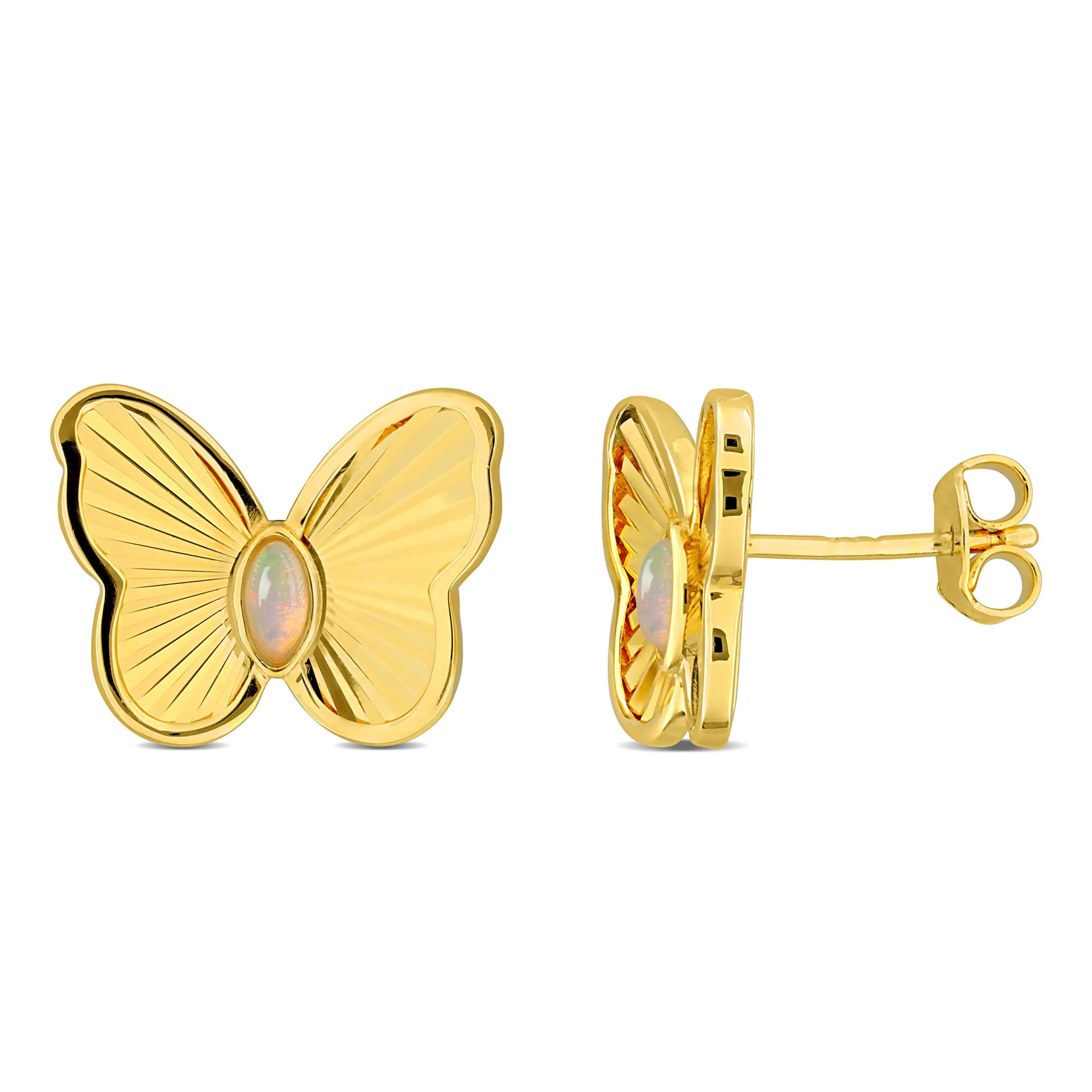 Ethiopian-Blue Opal Butterfly Stud Earrings in Yellow Plated Sterling Silver