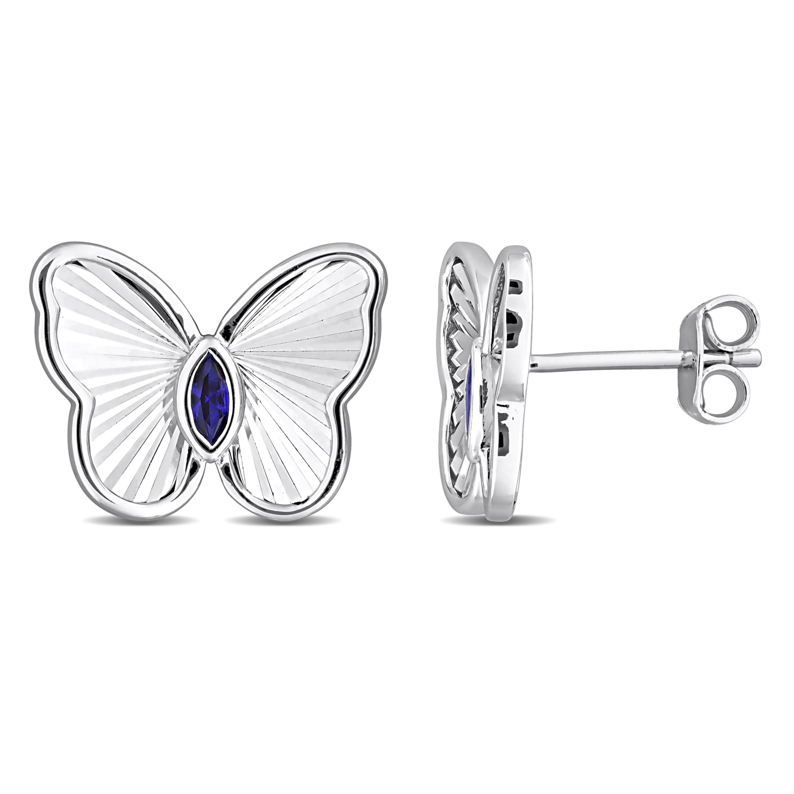 Lab Created Created Blue Sapphire Butterfly Stud Earrings in Sterling Silver