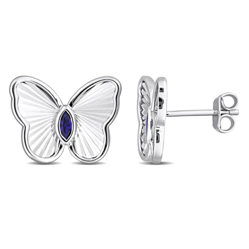Lab Created Created Blue Sapphire Butterfly Stud Earrings in Sterling Silver
