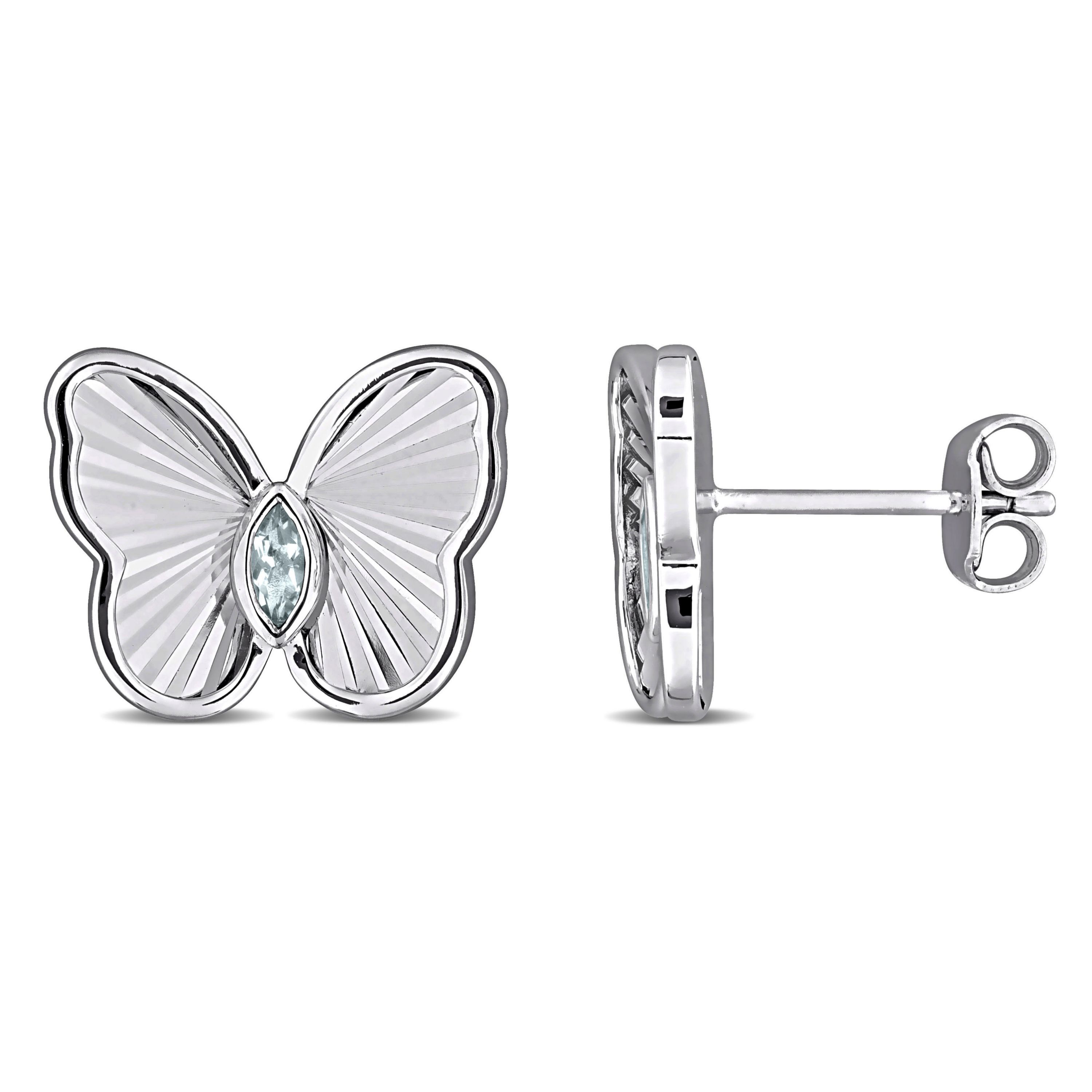 Aquamarine Butterfly Stud Earrings in Sterling Silver