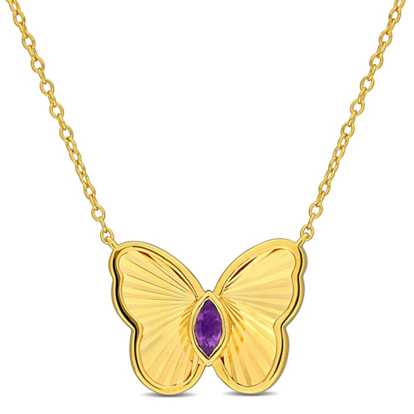 Amethyst Butterfly Necklace in Yellow Plated Sterling Silver, 17"