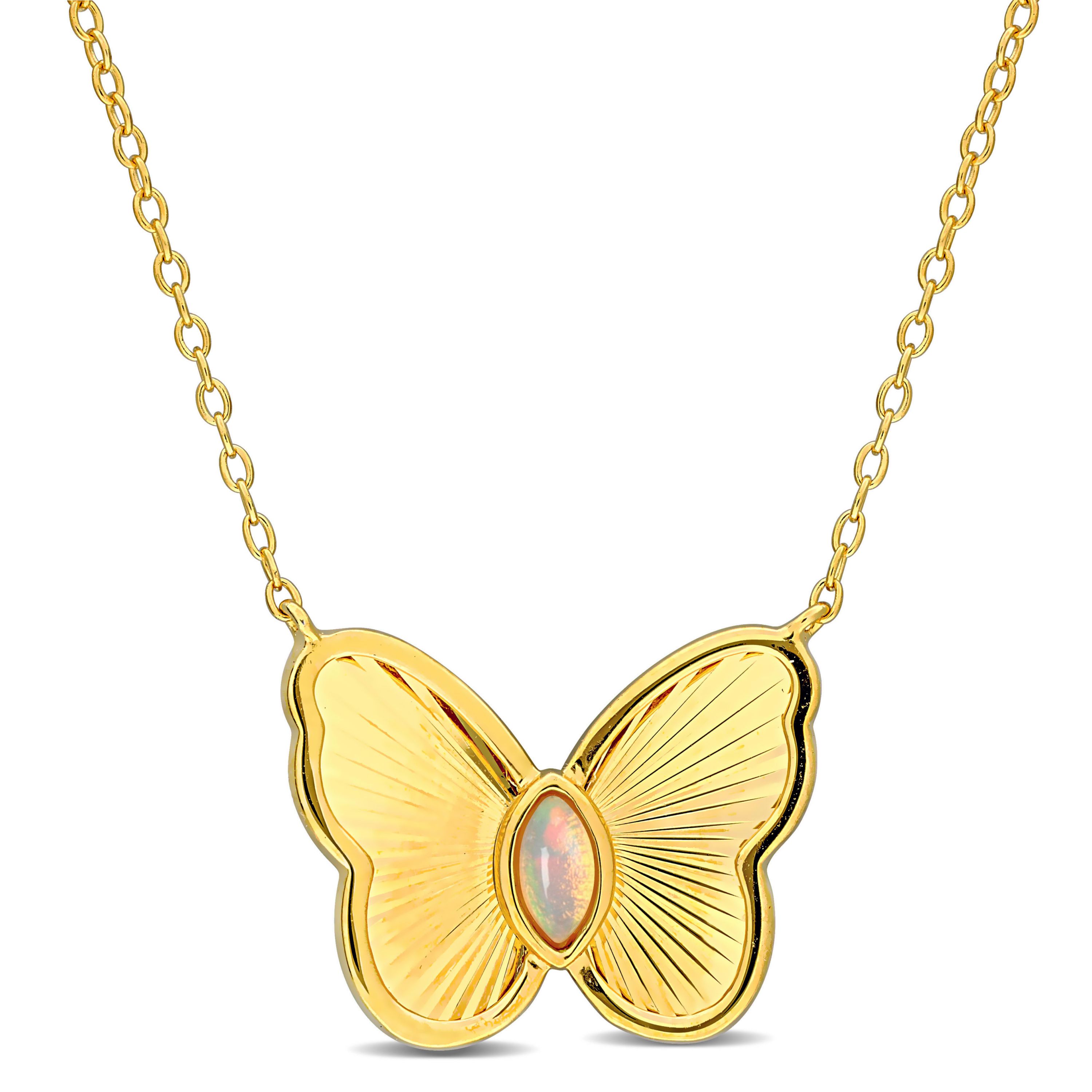 Ethiopian-Blue Opal Butterfly Necklace in Yellow Plated Sterling Silver, 17"