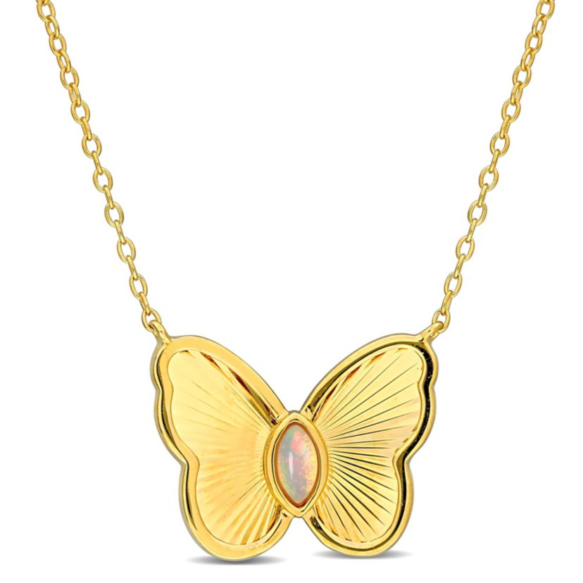 Ethiopian-Blue Opal Butterfly Necklace in Yellow Plated Sterling Silver, 17"