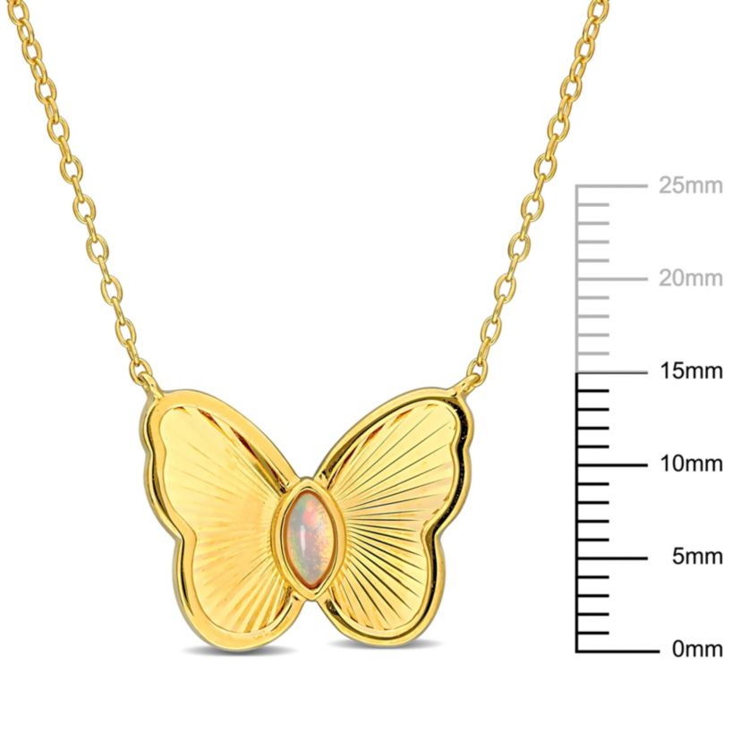 Ethiopian-Blue Opal Butterfly Necklace in Yellow Plated Sterling Silver, 17"
