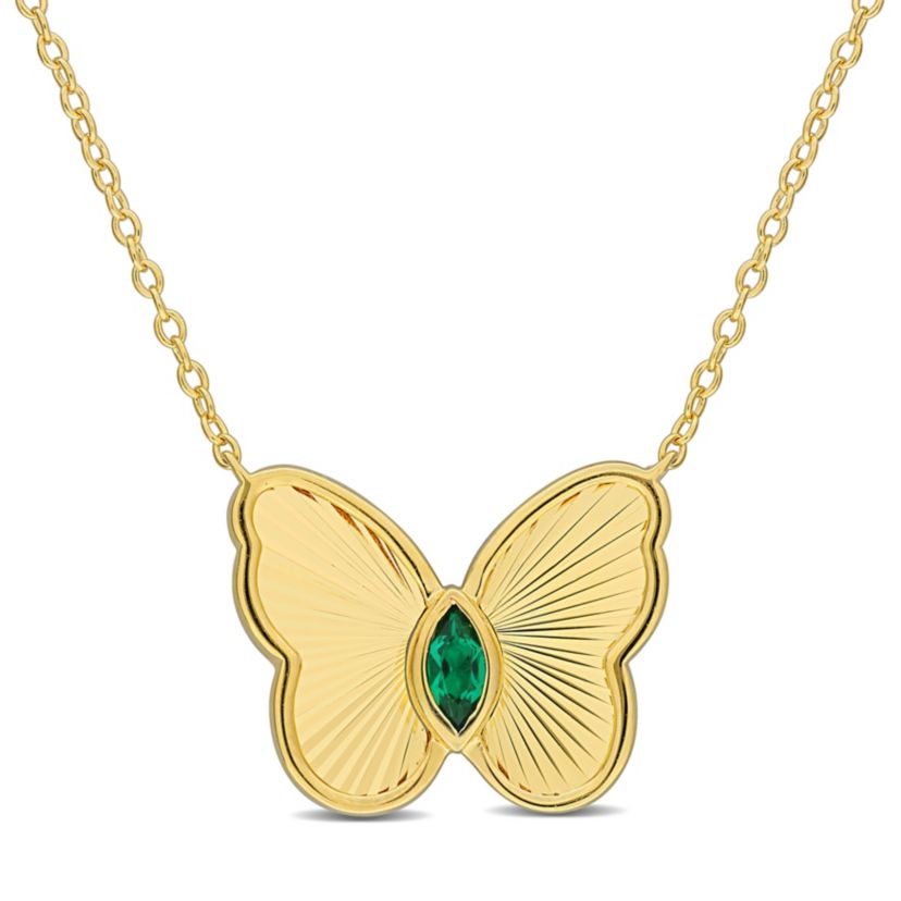 Lab Created Created Emerald Butterfly Necklace in Yellow Plated Sterling Silver, 17"