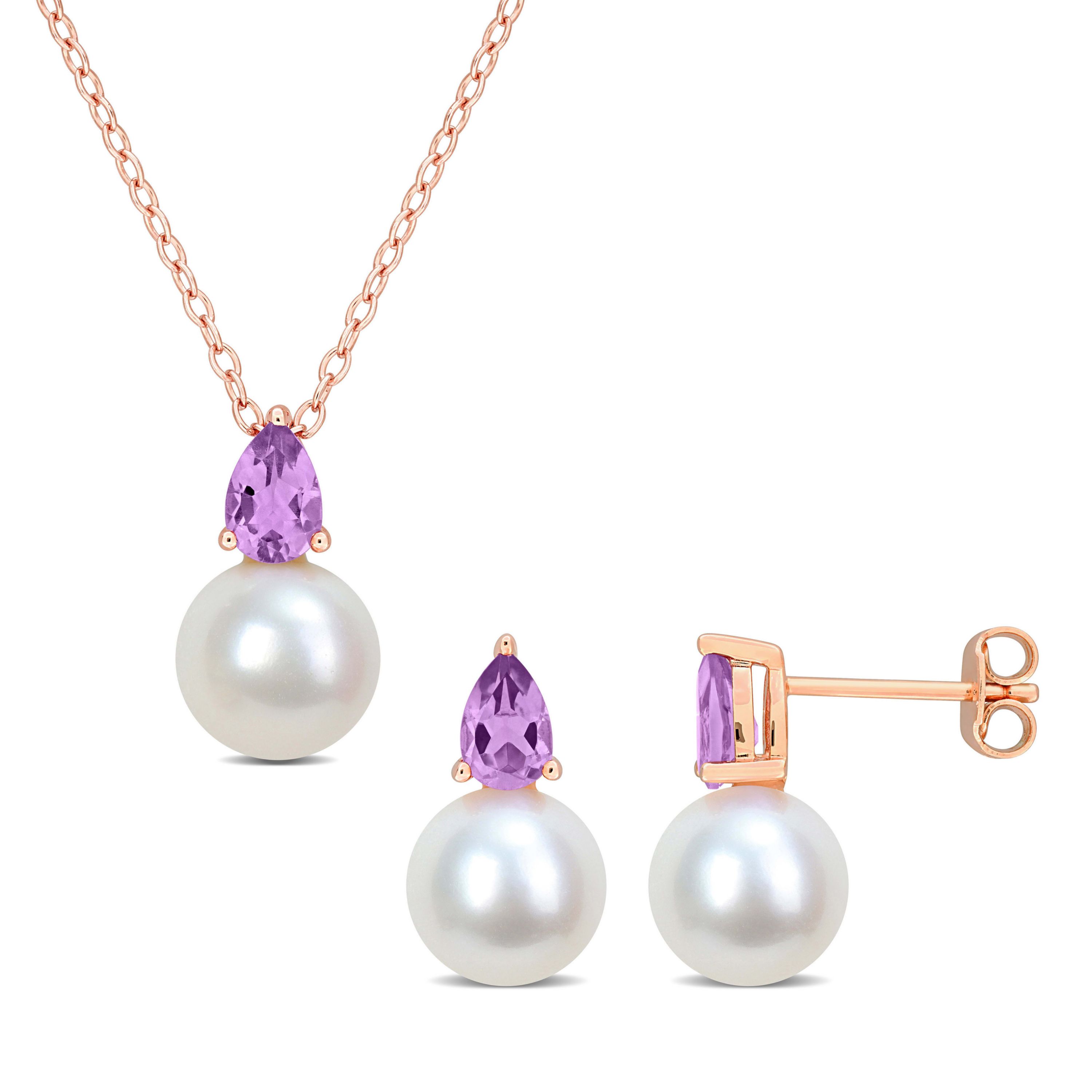 2-Pc Set of Freshwater Cultured Pearl and Amethyst Stud Earrings and Pendant with Chain in Rose Plated Sterling Silver
