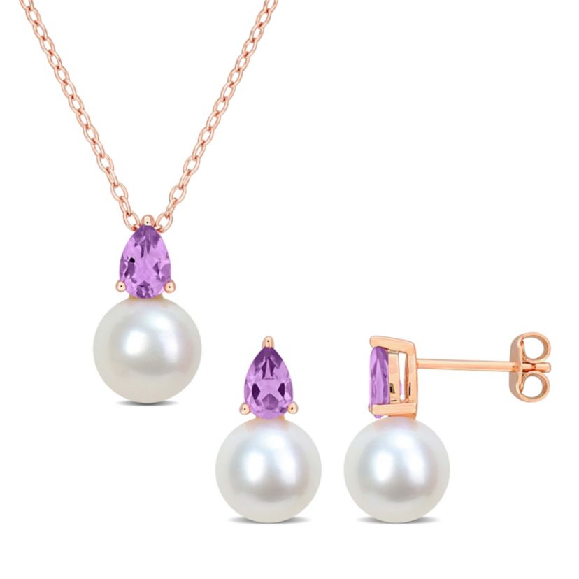 2-Pc Set of Freshwater Cultured Pearl and Amethyst Stud Earrings and Pendant with Chain in Rose Plated Sterling Silver