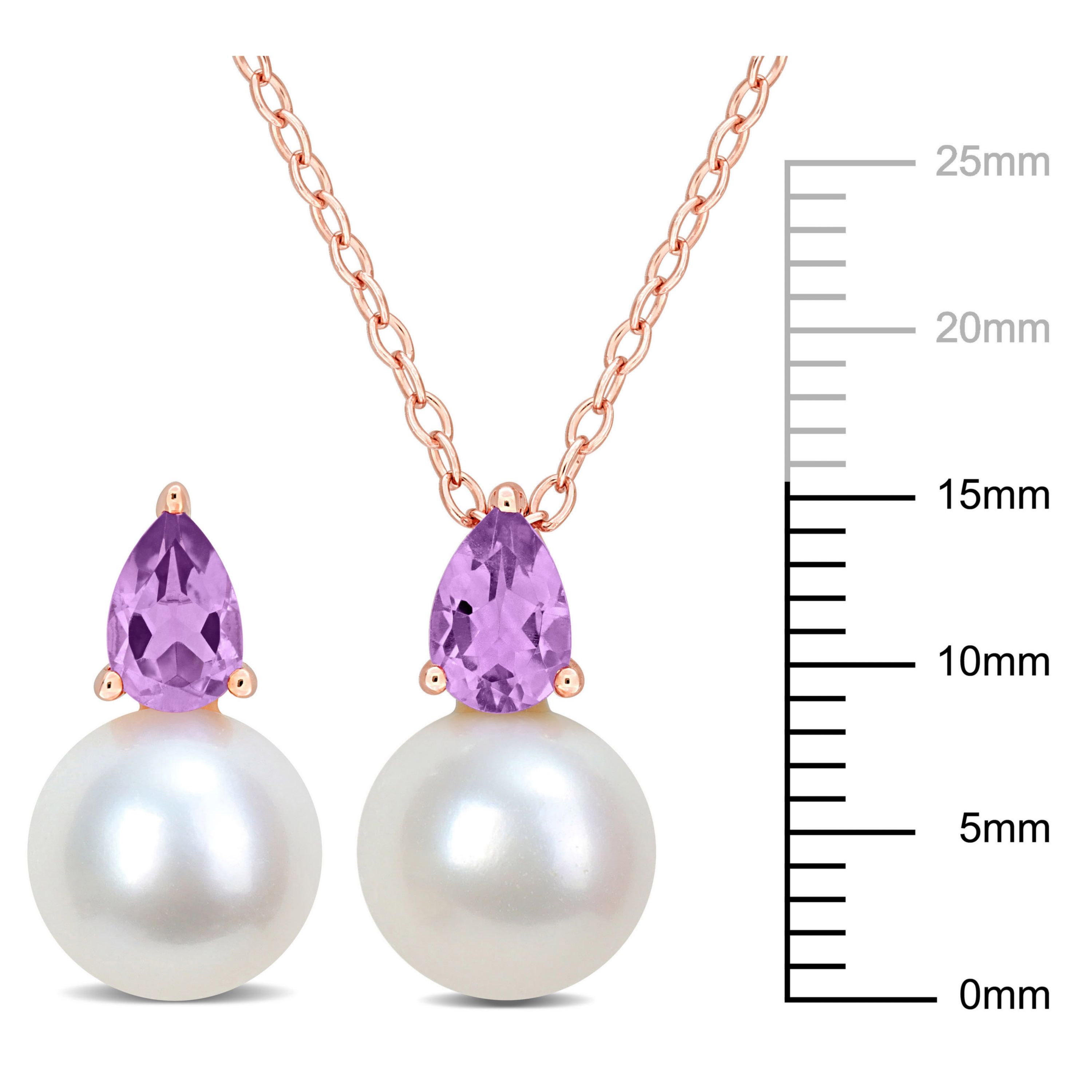 2-Pc Set of Freshwater Cultured Pearl and Amethyst Stud Earrings and Pendant with Chain in Rose Plated Sterling Silver