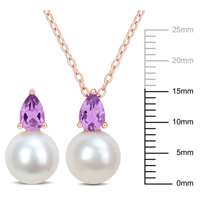 2-Pc Set of Freshwater Cultured Pearl and Amethyst Stud Earrings and Pendant with Chain in Rose Plated Sterling Silver