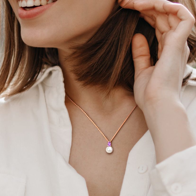 2-Pc Set of Freshwater Cultured Pearl and Amethyst Stud Earrings and Pendant with Chain in Rose Plated Sterling Silver
