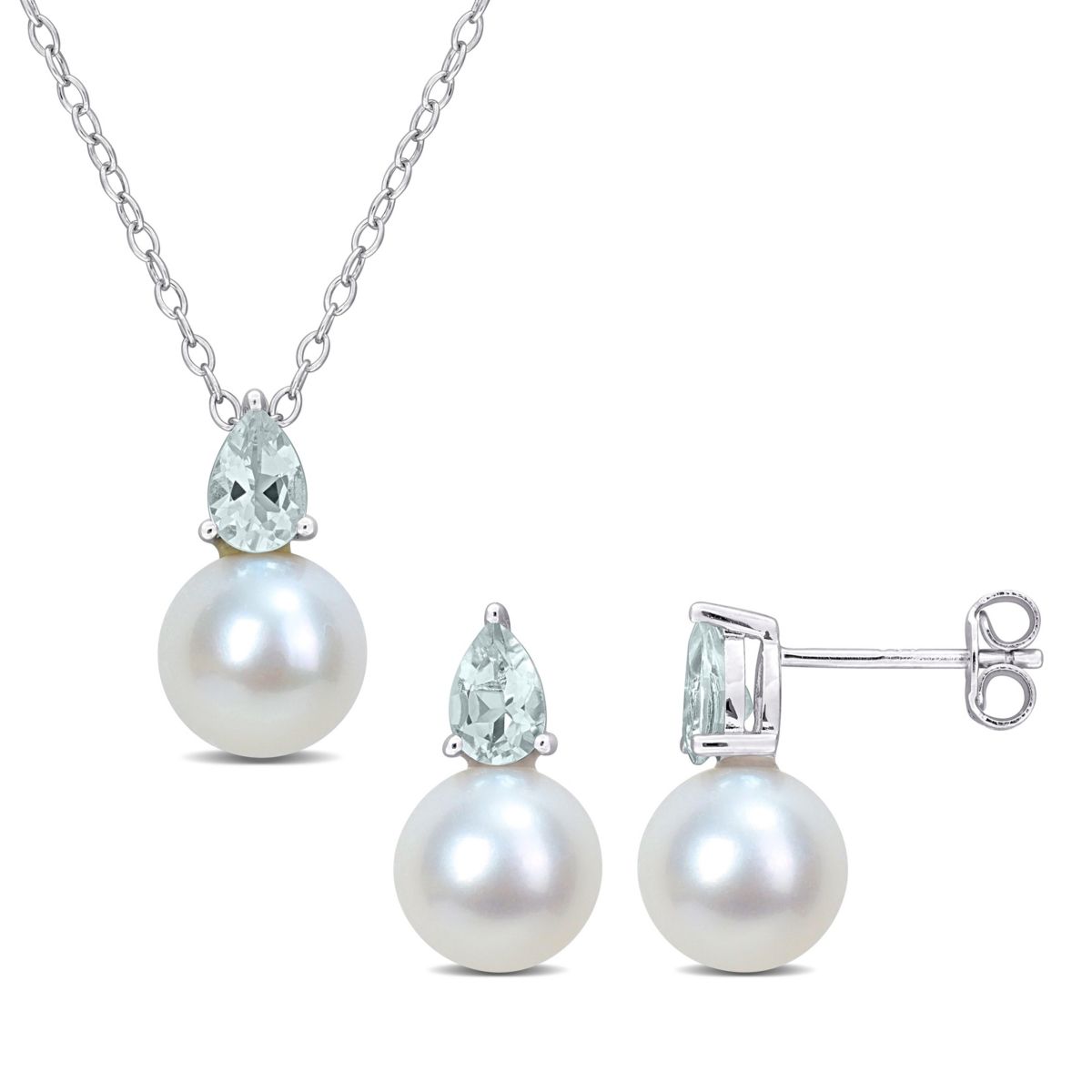 2-Pc Set of Freshwater Cultured Pearl and Aquamarine Stud Earrings and Pendant with Chain in Sterling Silver