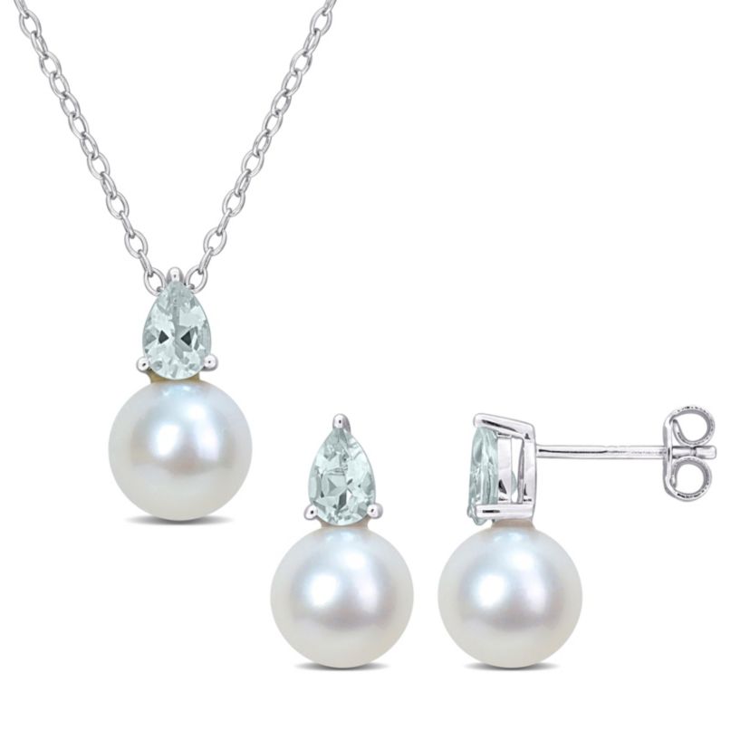 2-Pc Set of Freshwater Cultured Pearl and Aquamarine Stud Earrings and Pendant with Chain in Sterling Silver