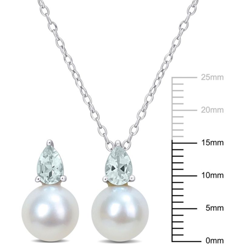 2-Pc Set of Freshwater Cultured Pearl and Aquamarine Stud Earrings and Pendant with Chain in Sterling Silver