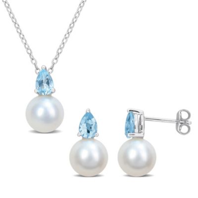 Belk & Co 2-Pc Set of Freshwater Cultured Pearl and Sky Blue Topaz Stud Earrings and Pendant with Chain in Sterling Silver, White