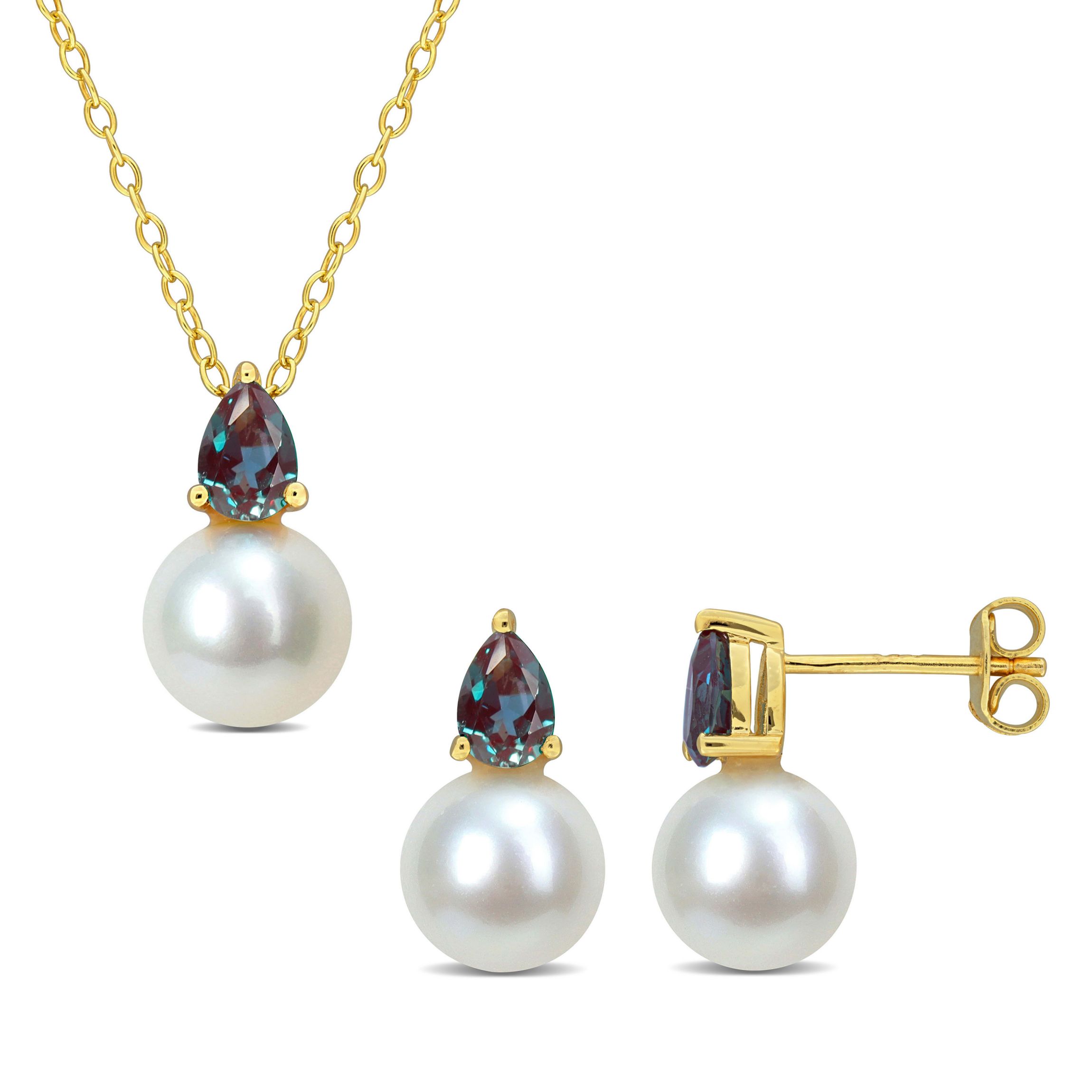 2-Pc Set of Freshwater Cultured Pearl and Created Alexandrite Stud Earrings and Pendant with Chain in Yellow Plated Sterling Silver