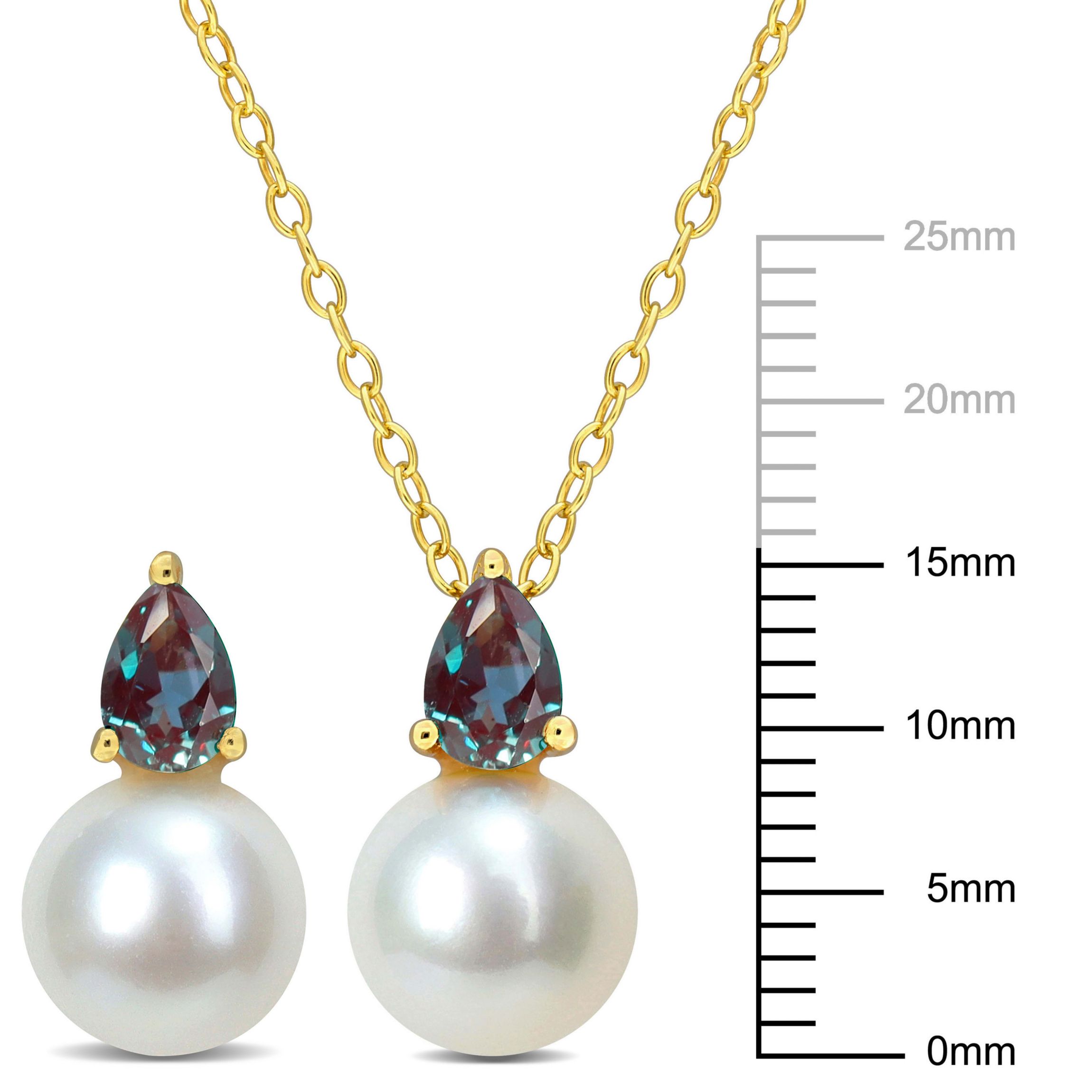 2-Pc Set of Freshwater Cultured Pearl and Created Alexandrite Stud Earrings and Pendant with Chain in Yellow Plated Sterling Silver