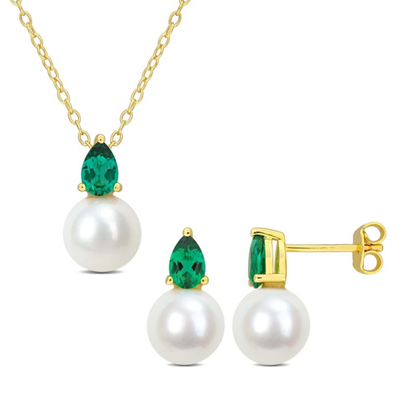 Lab Created 2-Pc Set of Freshwater Cultured Pearl and Created Emerald Stud Earrings and Pendant with Chain in Yellow Plated Sterling Silver