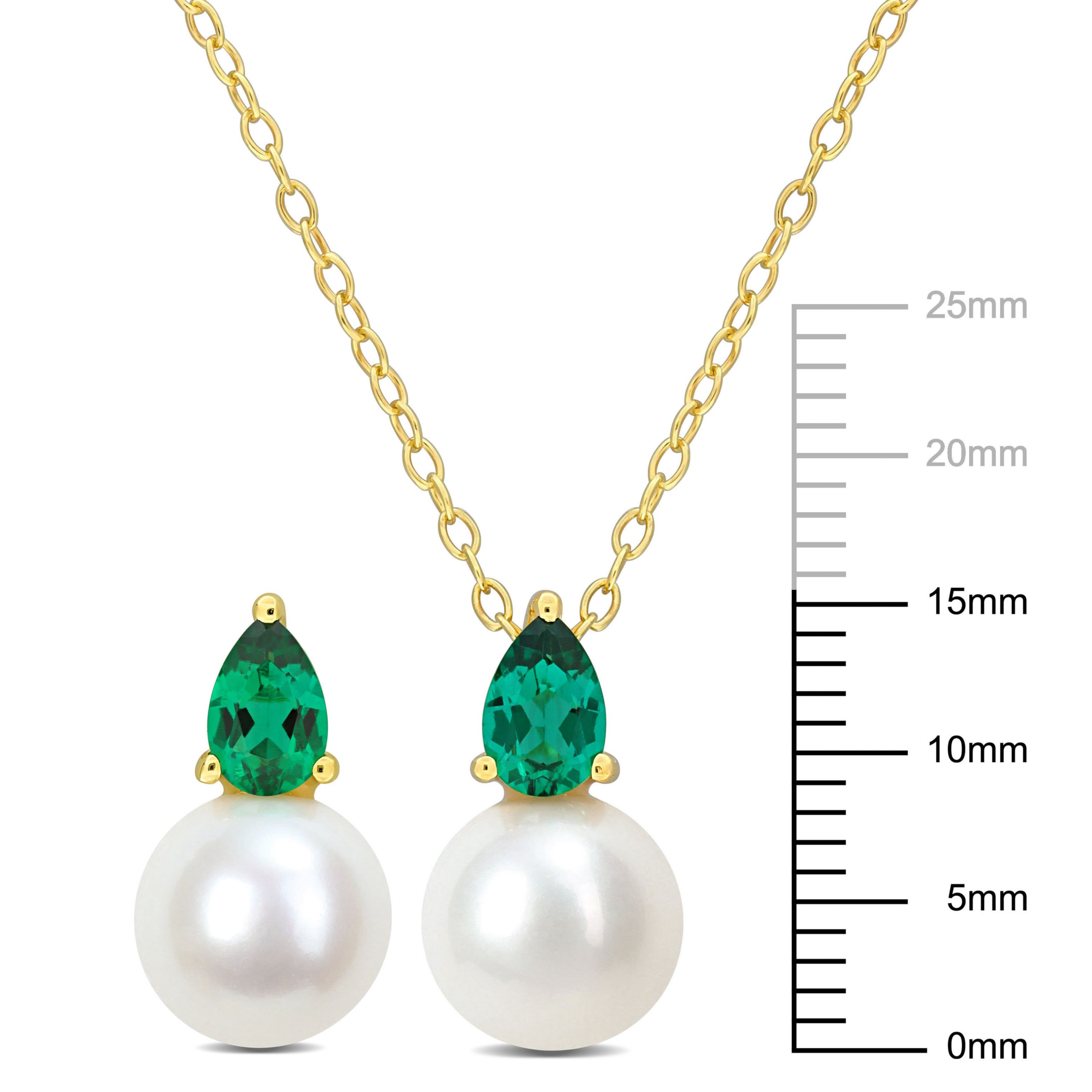 Lab Created 2-Pc Set of Freshwater Cultured Pearl and Created Emerald Stud Earrings and Pendant with Chain in Yellow Plated Sterling Silver