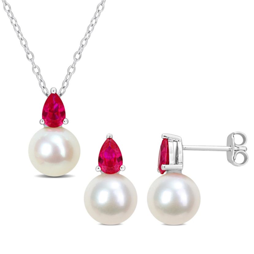 Lab Created 2-Pc Set of Freshwater Cultured Pearl and Created Ruby Stud Earrings and Pendant with Chain in Sterling Silver