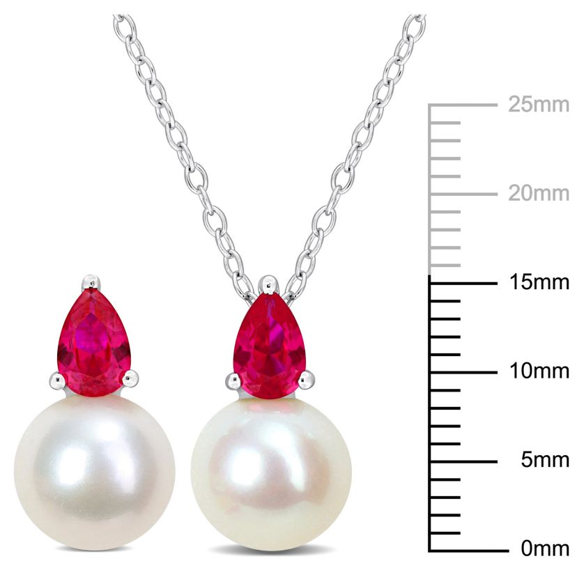 Lab Created 2-Pc Set of Freshwater Cultured Pearl and Created Ruby Stud Earrings and Pendant with Chain in Sterling Silver