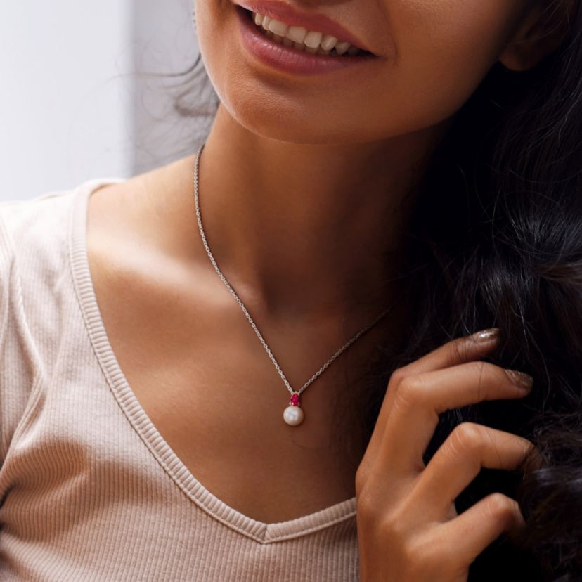 Lab Created 2-Pc Set of Freshwater Cultured Pearl and Created Ruby Stud Earrings and Pendant with Chain in Sterling Silver