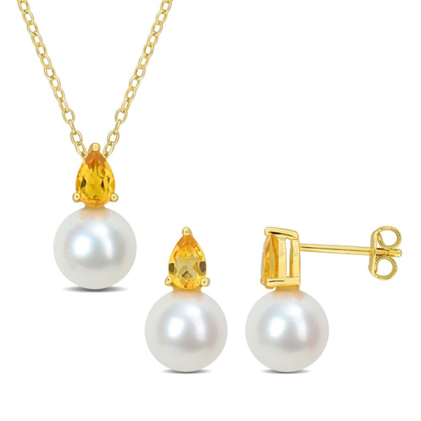 2-Pc Set of Freshwater Cultured Pearl and Citrine Stud Earrings and Pendant with Chain in Yellow Plated Sterling Silver
