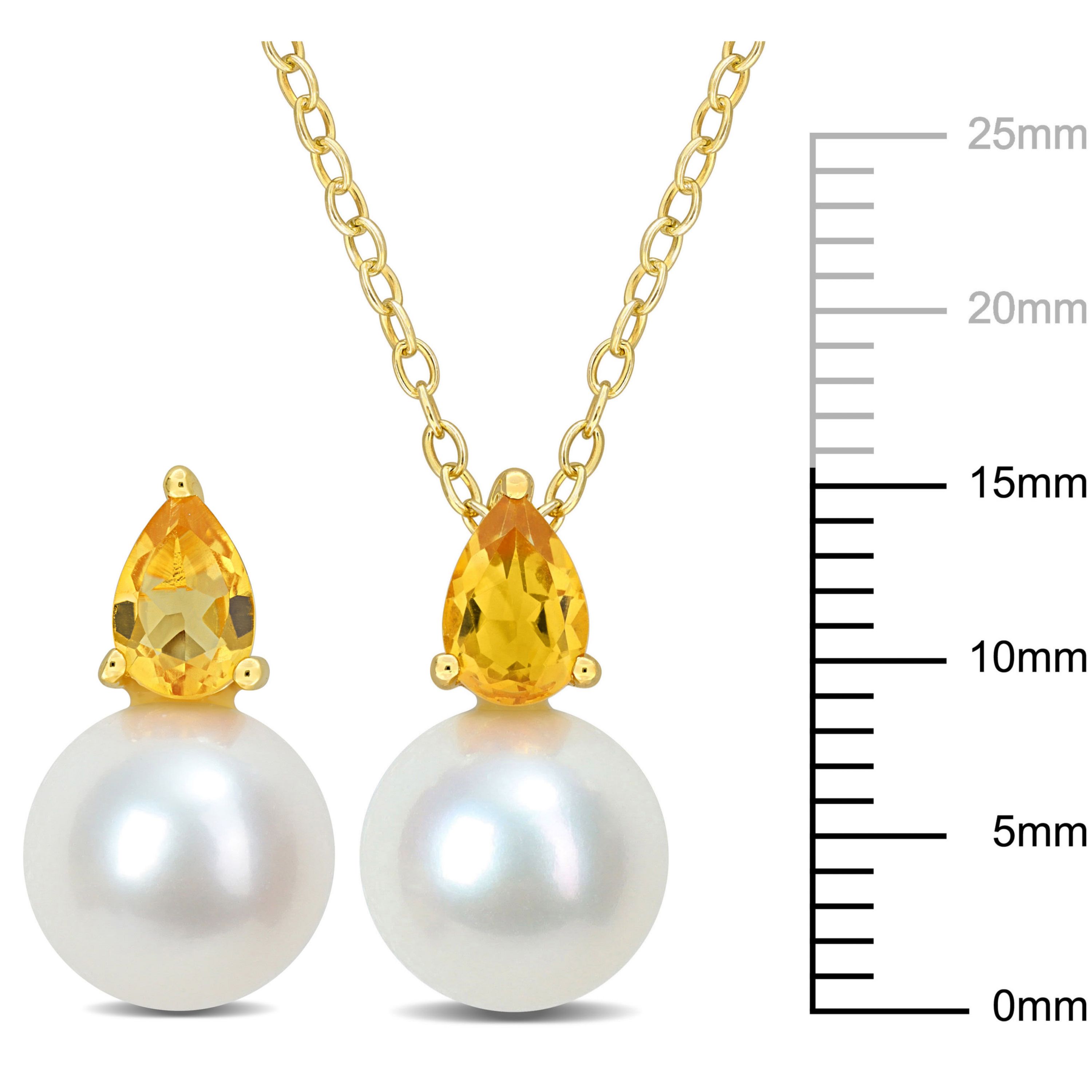 2-Pc Set of Freshwater Cultured Pearl and Citrine Stud Earrings and Pendant with Chain in Yellow Plated Sterling Silver