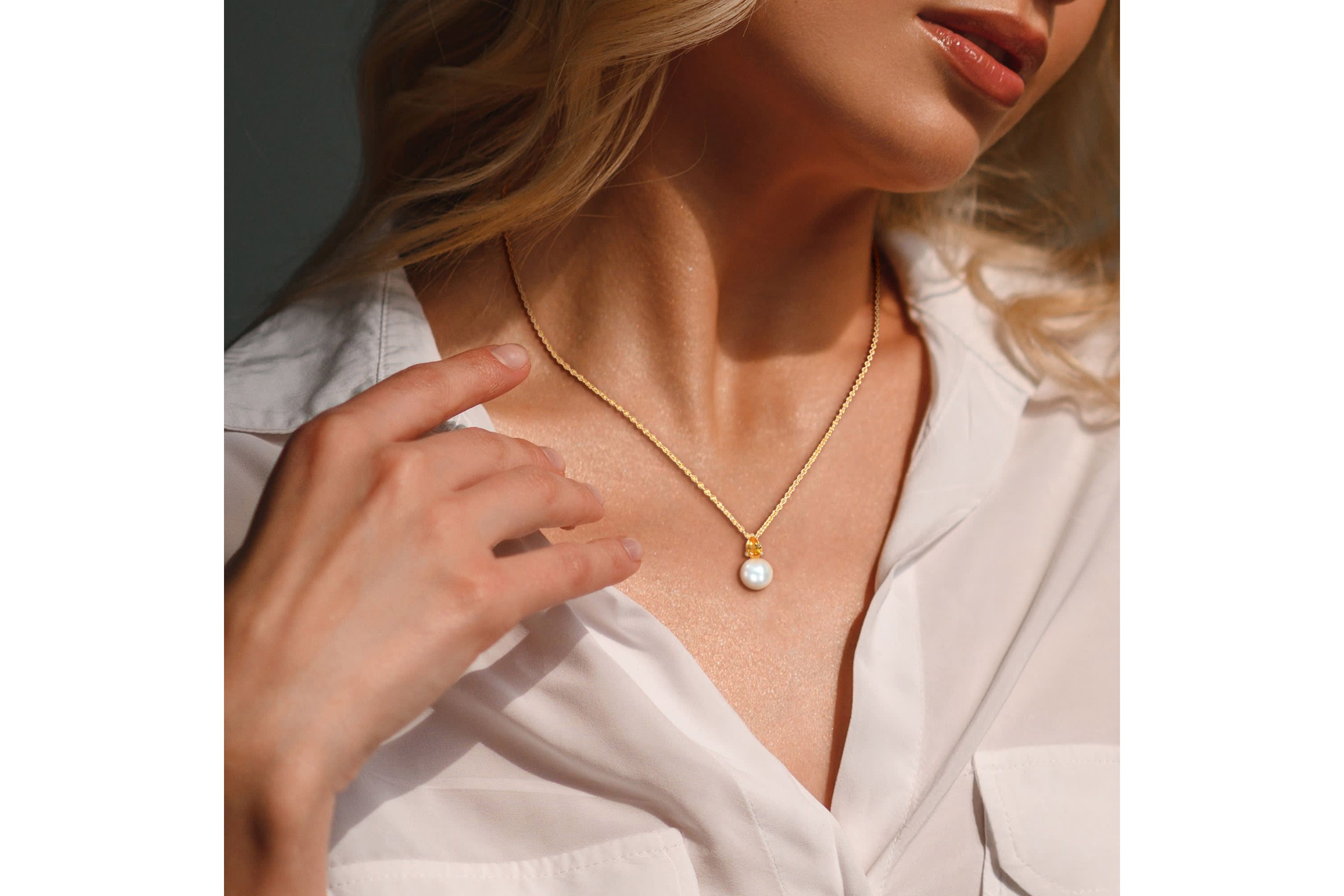 2-Pc Set of Freshwater Cultured Pearl and Citrine Stud Earrings and Pendant with Chain in Yellow Plated Sterling Silver