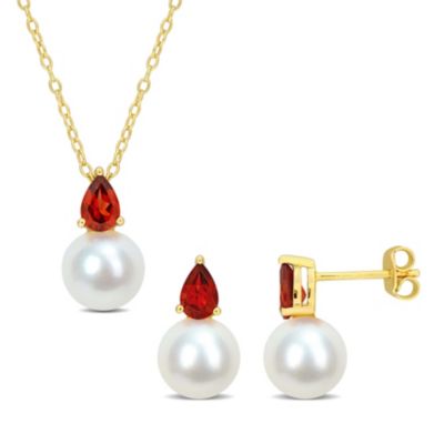 Belk & Co 2-Pc Set of Freshwater Cultured Pearl and Garnet Stud Earrings and Pendant with Chain in Yellow Plated Sterling Silver