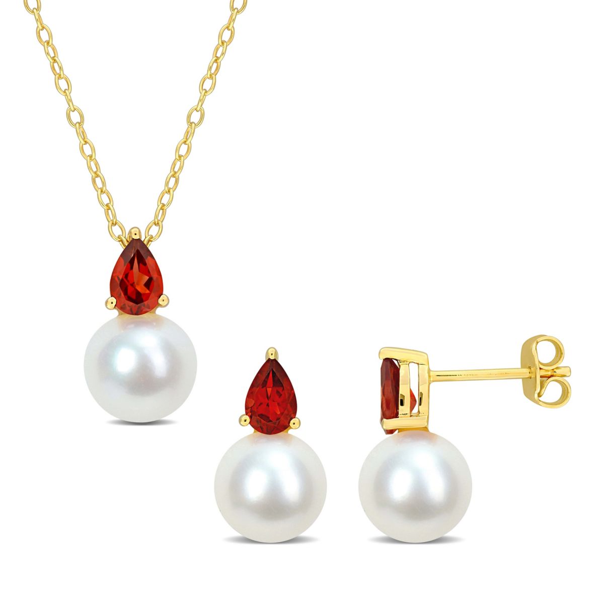 2-Pc Set of Freshwater Cultured Pearl and Garnet Stud Earrings and Pendant with Chain in Yellow Plated Sterling Silver