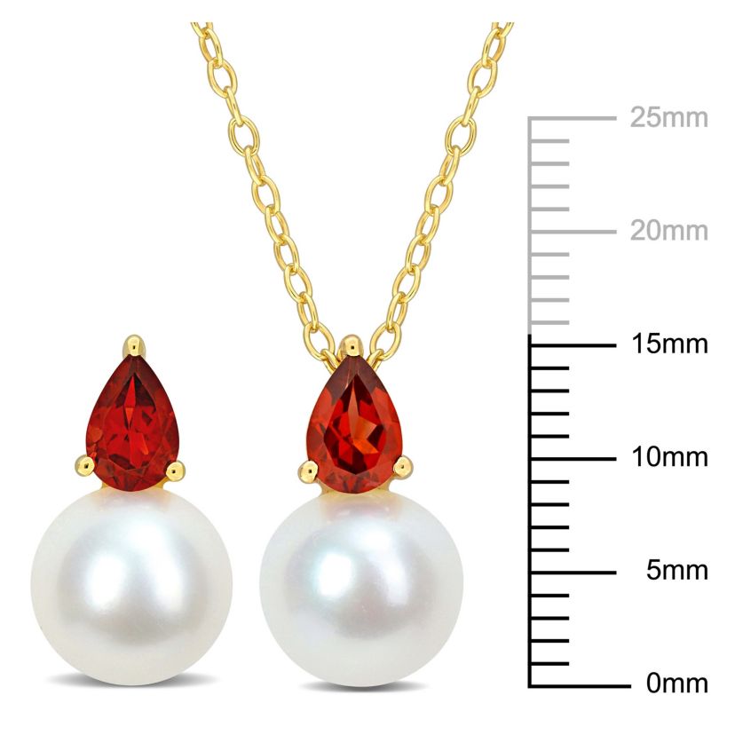 2-Pc Set of Freshwater Cultured Pearl and Garnet Stud Earrings and Pendant with Chain in Yellow Plated Sterling Silver