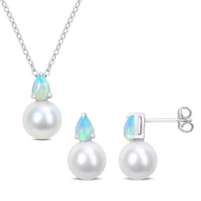 Belk & Co 2-Pc Set of Freshwater Cultured Pearl and Ethiopian-Opal Stud Earrings and Pendant with Chain in Sterling Silver, White