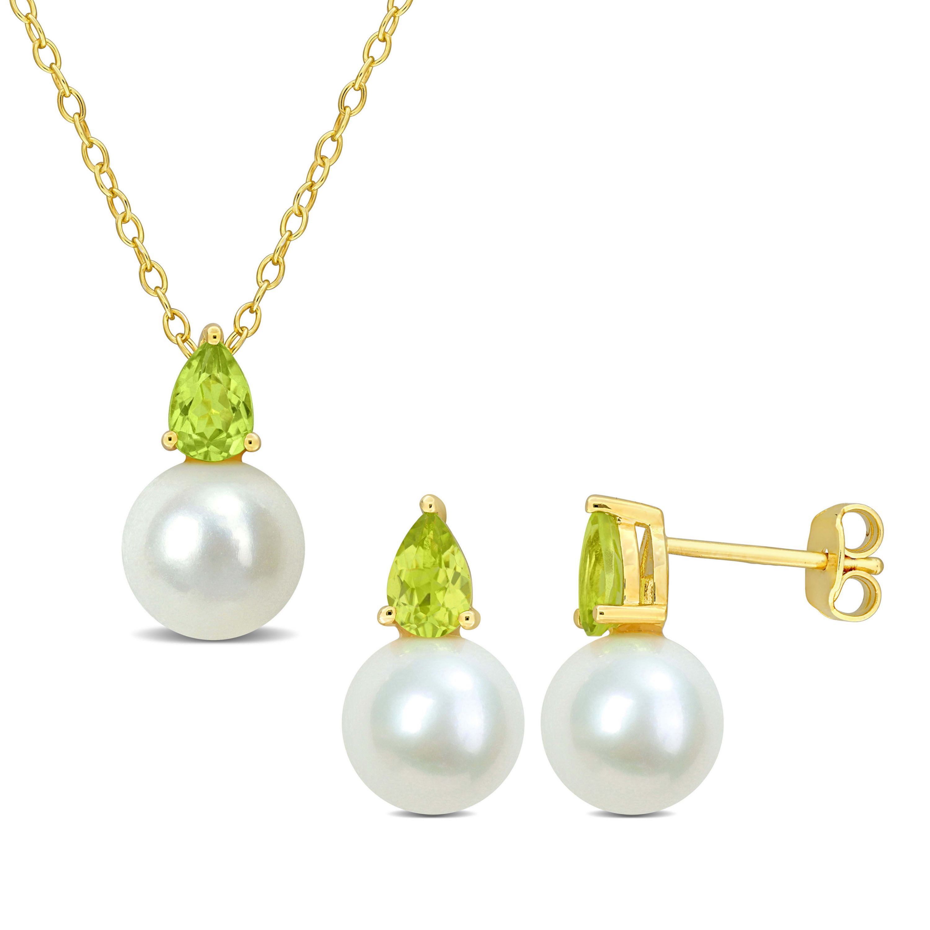 2-Pc Set of Freshwater Cultured Pearl and Peridot Stud Earrings and Pendant with Chain in Yellow Plated Sterling Silver