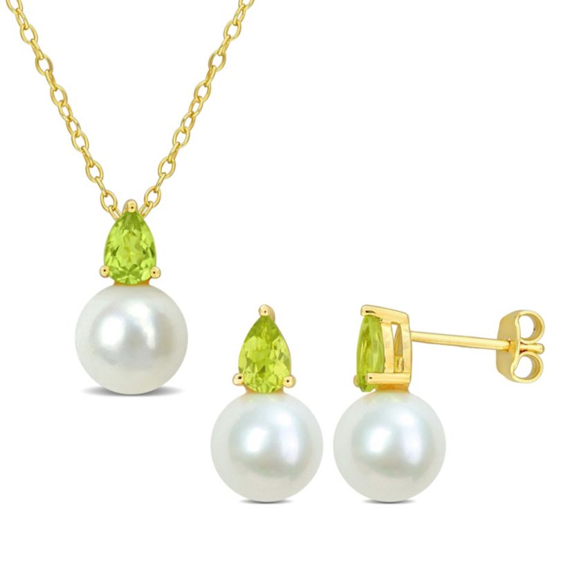 2-Pc Set of Freshwater Cultured Pearl and Peridot Stud Earrings and Pendant with Chain in Yellow Plated Sterling Silver