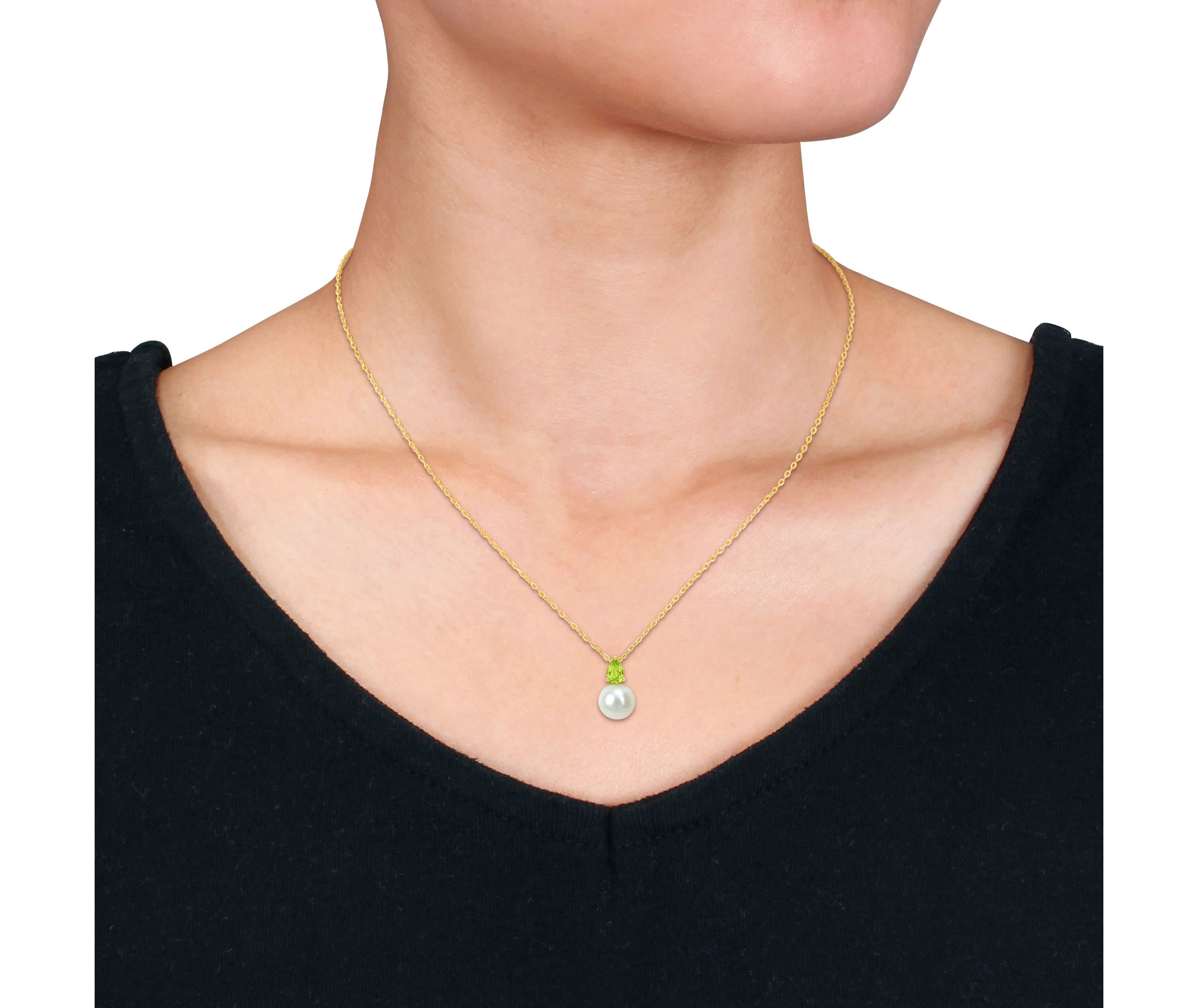 2-Pc Set of Freshwater Cultured Pearl and Peridot Stud Earrings and Pendant with Chain in Yellow Plated Sterling Silver