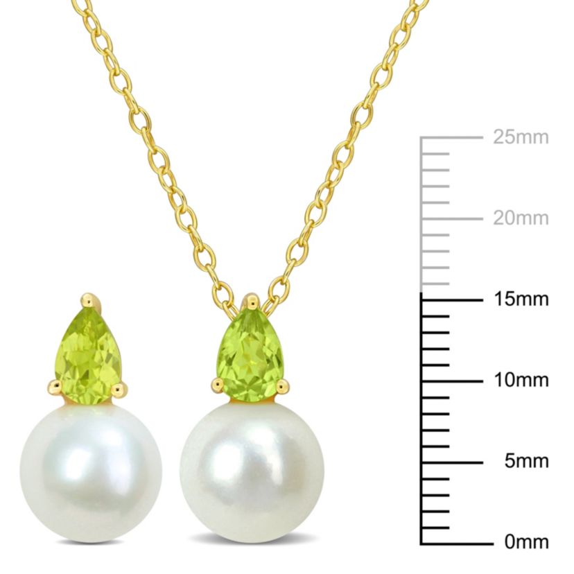 2-Pc Set of Freshwater Cultured Pearl and Peridot Stud Earrings and Pendant with Chain in Yellow Plated Sterling Silver