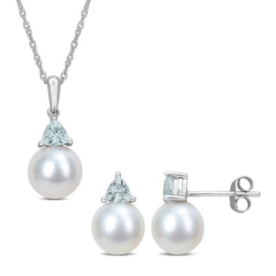Belk & Co 2-Pc Set of Freshwater Cultured Pearl and Aquamarine Stud Earrings and Pendant with Chain in 10K White Gold