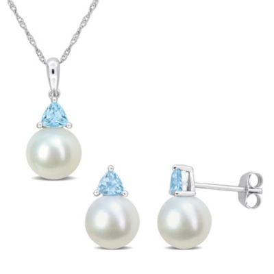 Belk & Co 2-Pc Set of Freshwater Cultured Pearl and Sky Blue Topaz Stud Earrings and Pendant with Chain in 10K White Gold