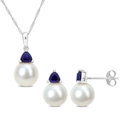 Belk & Co Lab Created 2-Pc Set of Freshwater Cultured Pearl and Blue Sapphire Stud Earrings and Pendant with Chain in 10K White Gold