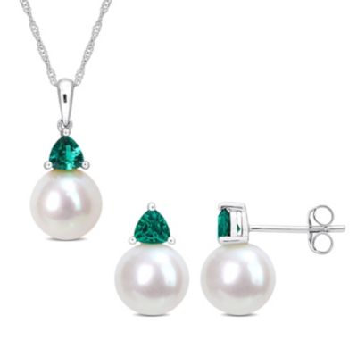 Belk & Co Lab Created 2-Pc Set of Freshwater Cultured Pearl and Emerald Stud Earrings and Pendant with Chain in 10K White Gold