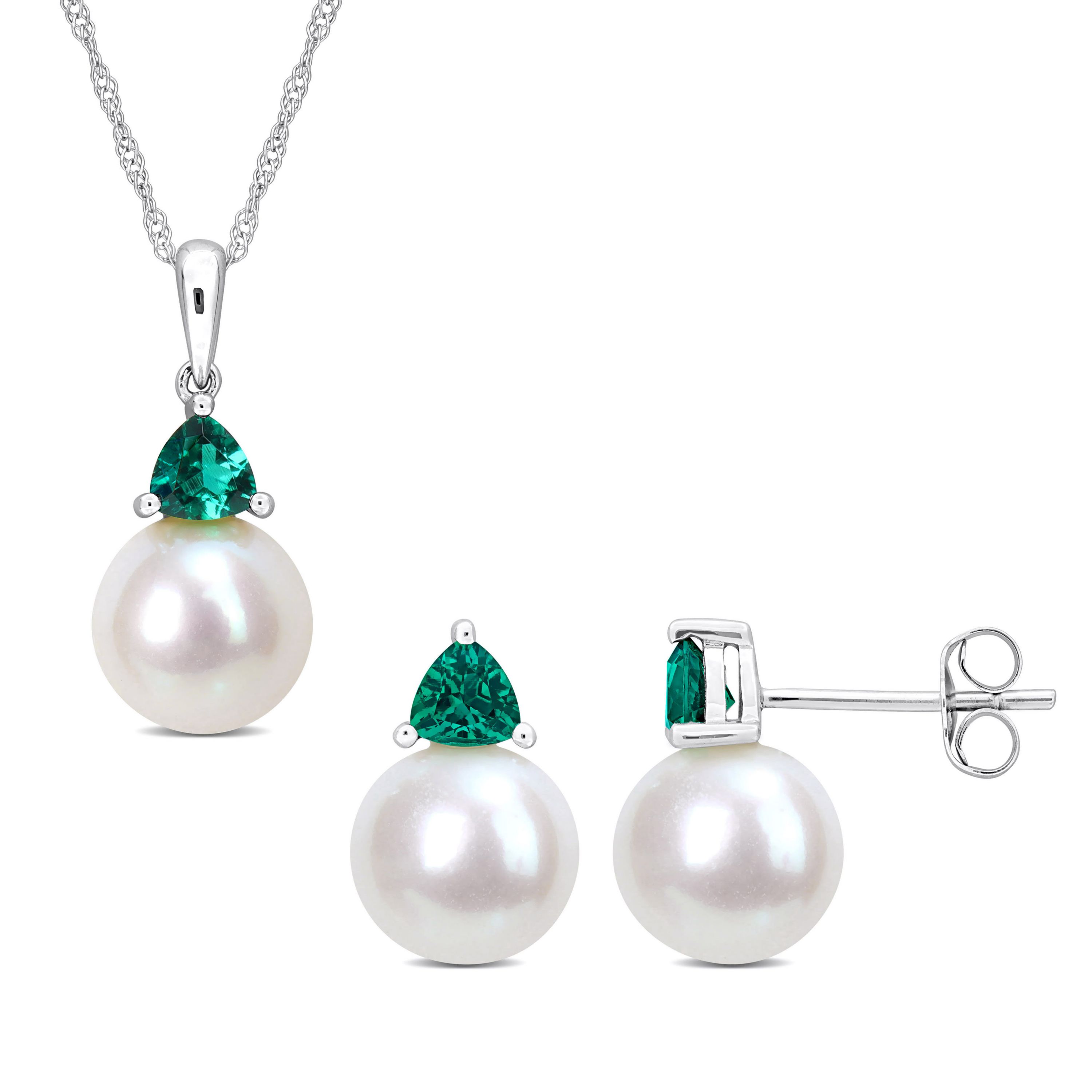 Lab Created 2-Pc Set of Freshwater Cultured Pearl and Created Emerald Stud Earrings and Pendant with Chain in 10K White Gold