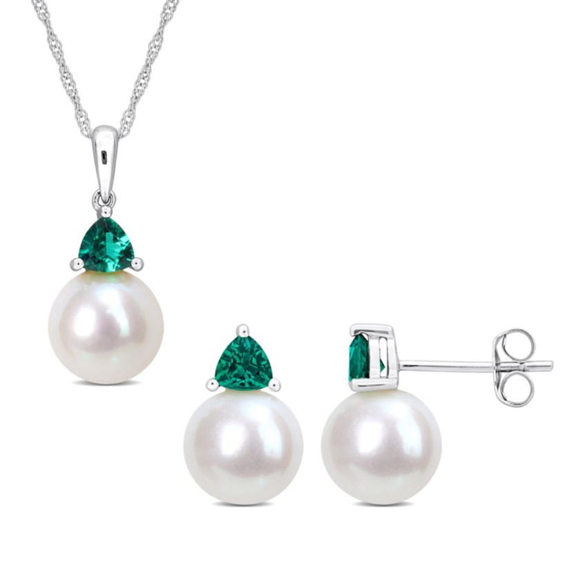 Lab Created 2-Pc Set of Freshwater Cultured Pearl and Created Emerald Stud Earrings and Pendant with Chain in 10K White Gold