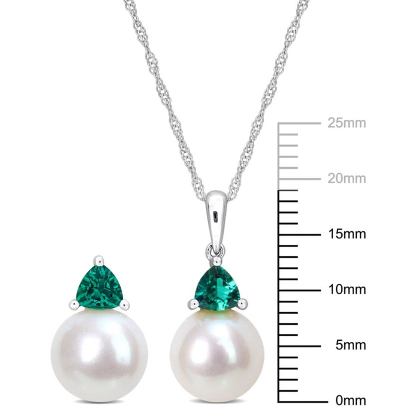 Lab Created 2-Pc Set of Freshwater Cultured Pearl and Created Emerald Stud Earrings and Pendant with Chain in 10K White Gold