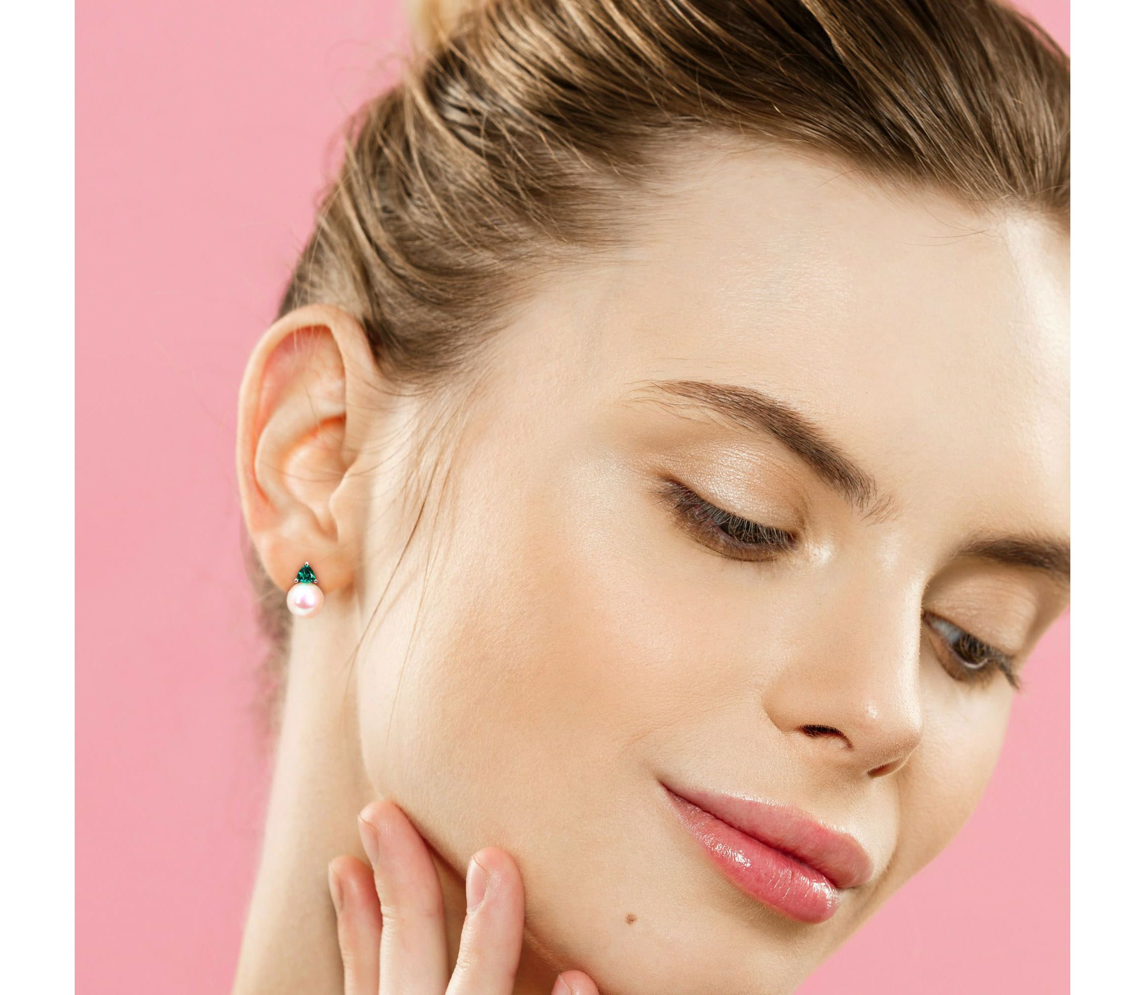 Lab Created 2-Pc Set of Freshwater Cultured Pearl and Created Emerald Stud Earrings and Pendant with Chain in 10K White Gold